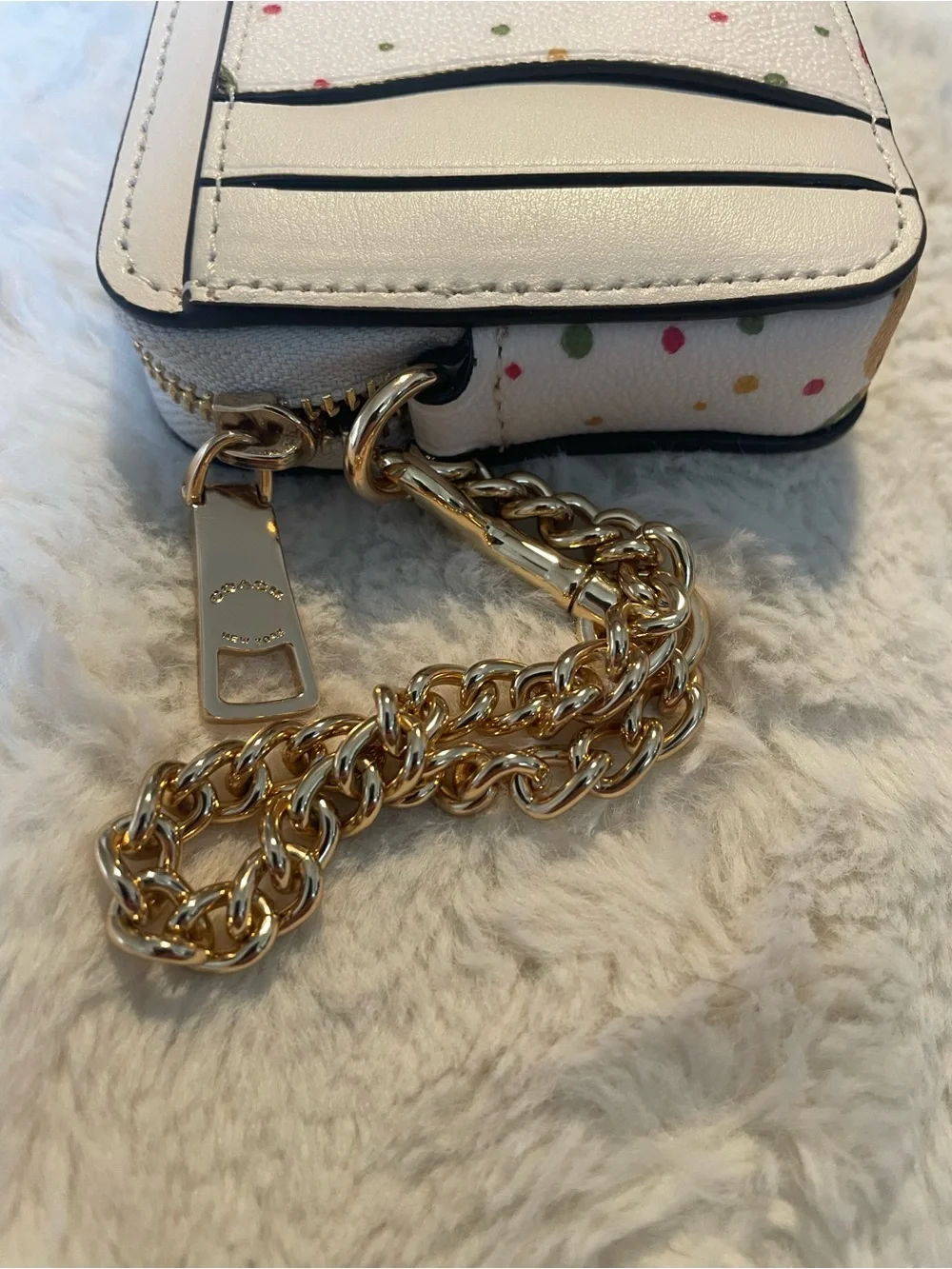 Coach White Leather Holiday Ornament Wallet with Gold Chain